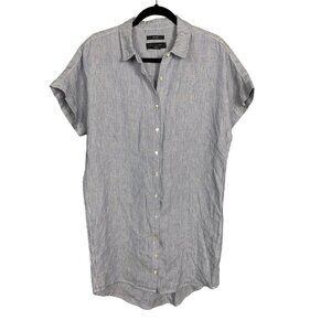 Tahari Button Front Shirt Dress Linen Striped Blue White Womens Size M